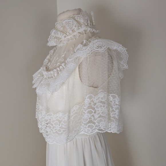 70s Wedding Gown Floor Length Train Edwardian Capelet Lace Collar Bishop Sleeves - Picture 14 of 15